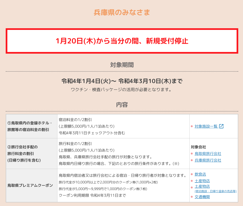 鳥取県民割の兵庫県民の利用は1/20以降禁止