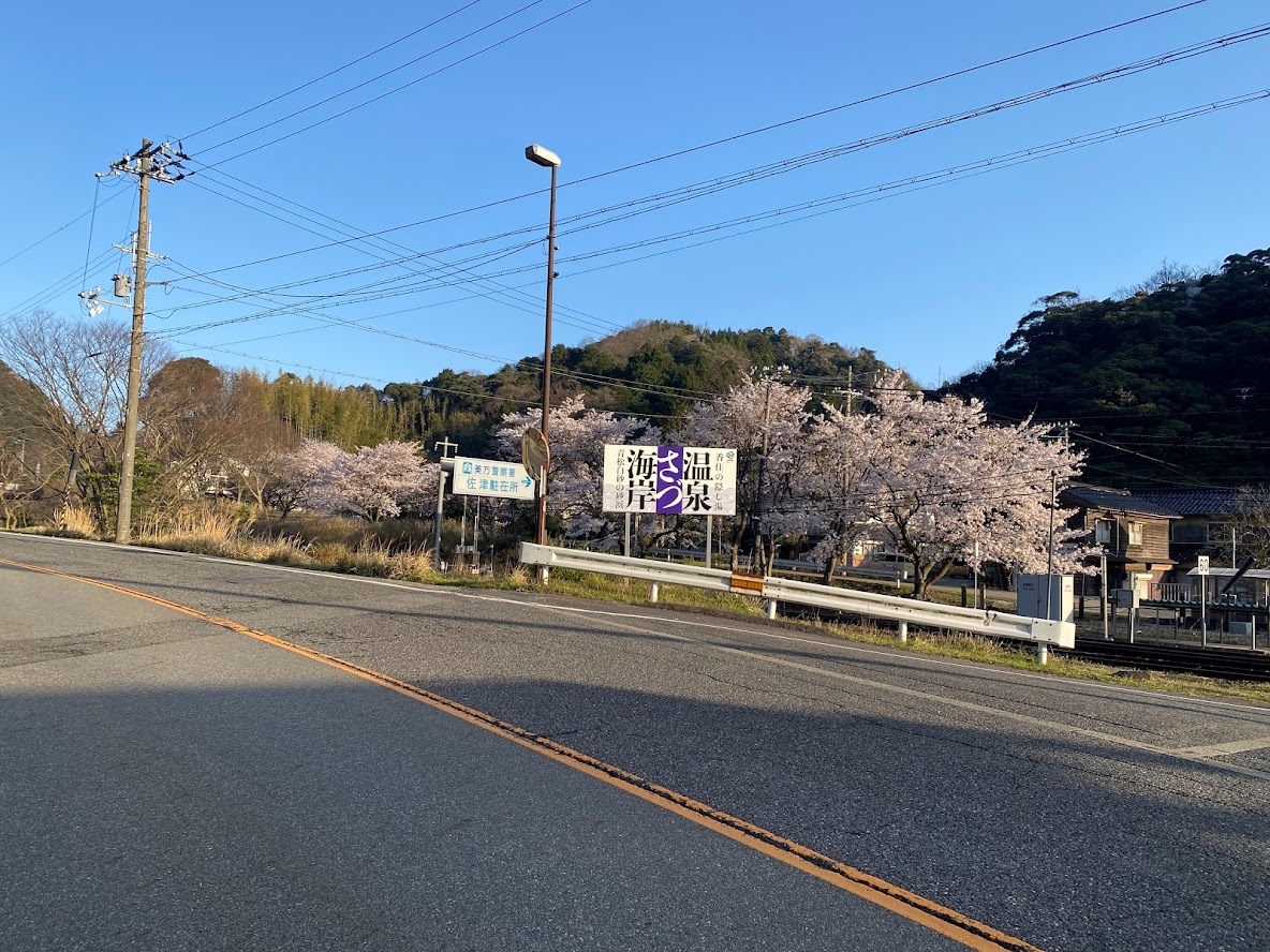 佐津入り口看板（背景桜バージョン）