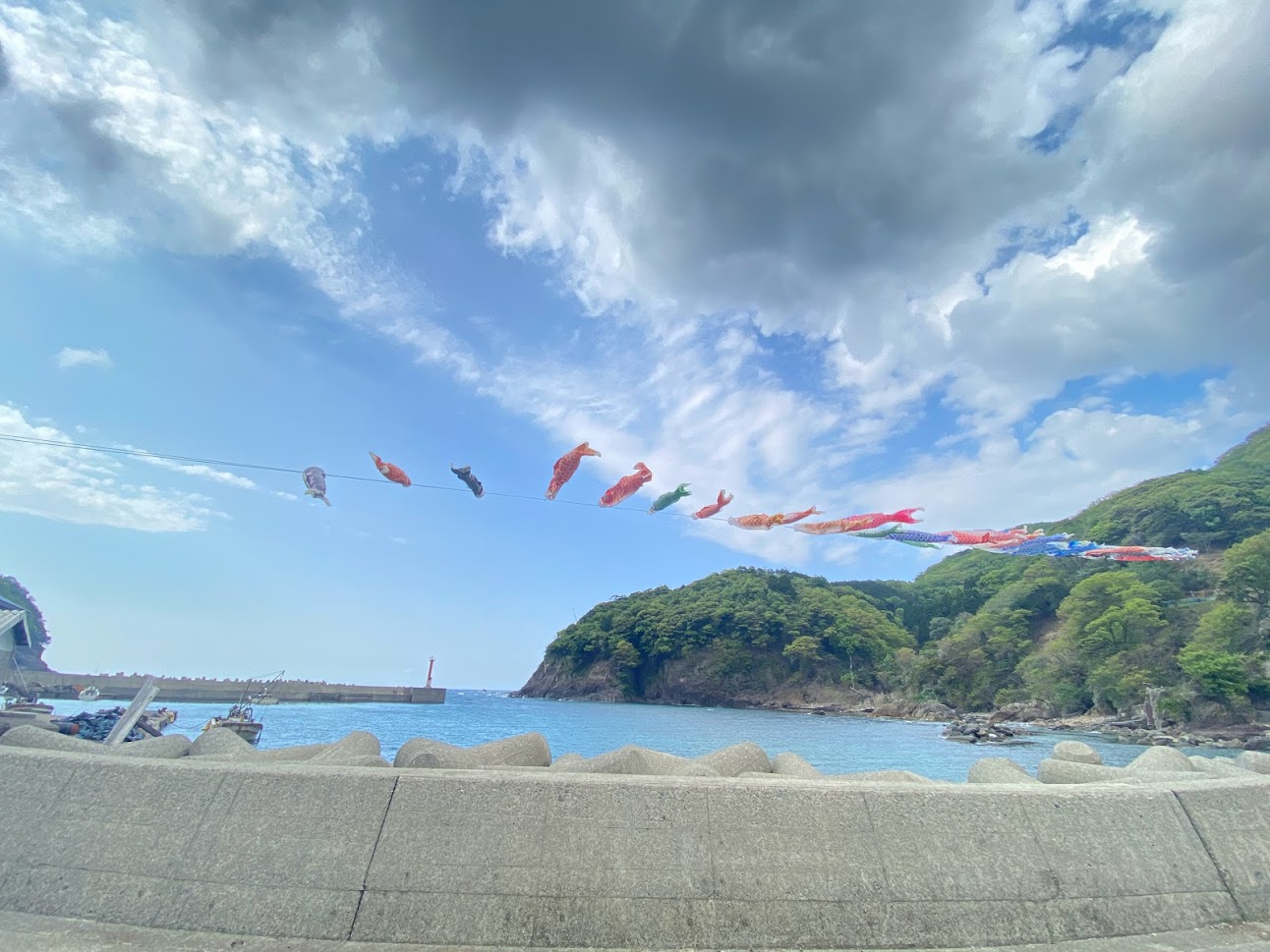 海上、というよりも海の上を泳ぐ鎧港のこいのぼり