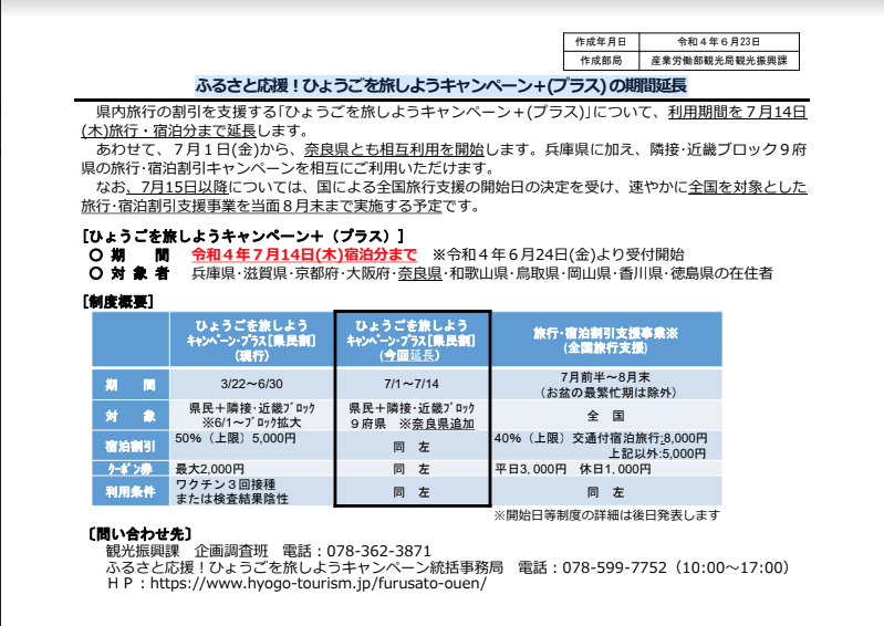 兵庫県民割、7月14日まで延長！