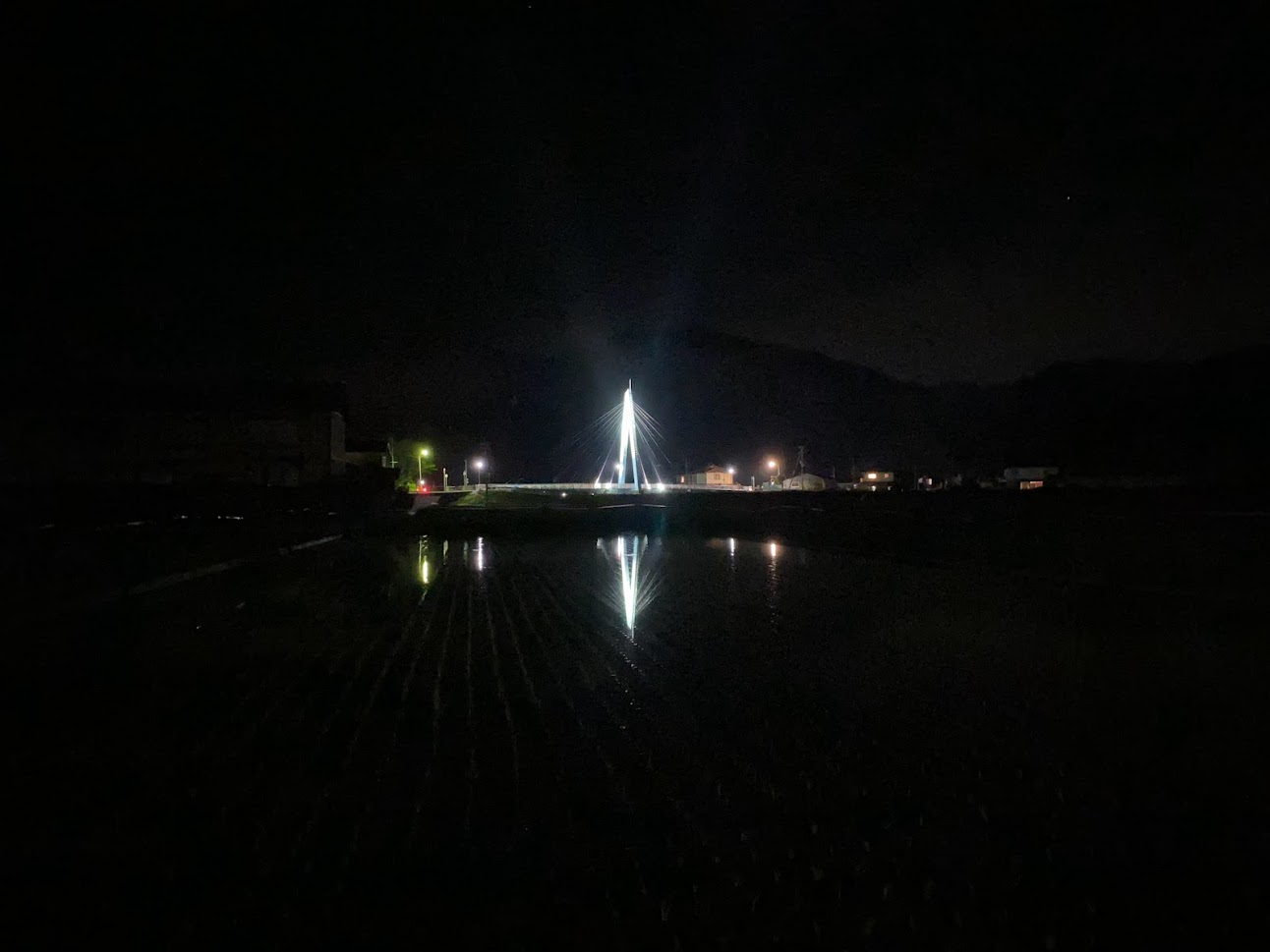 佐津川橋のライティングが田んぼの水面に映ります