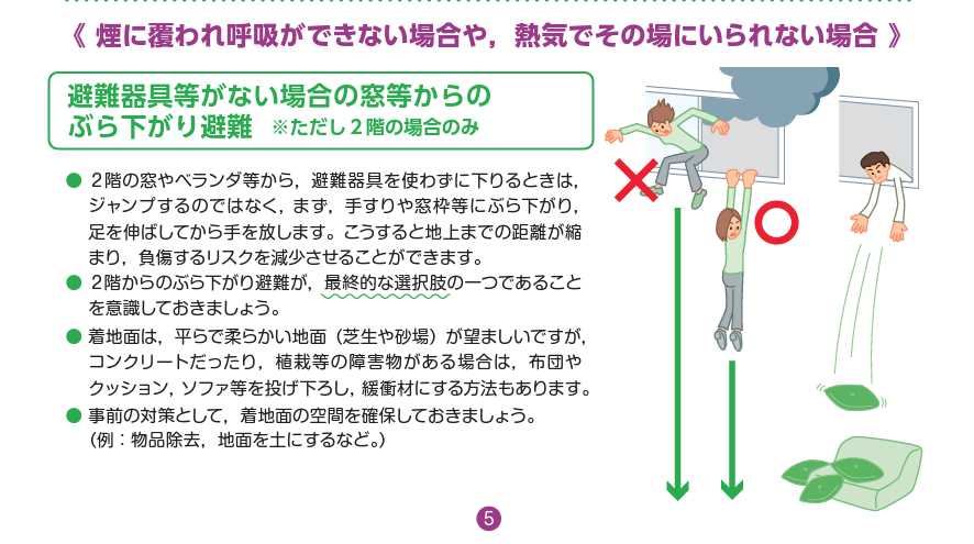 ２階から飛び降りる際はまず「ぶら下がり避難」で