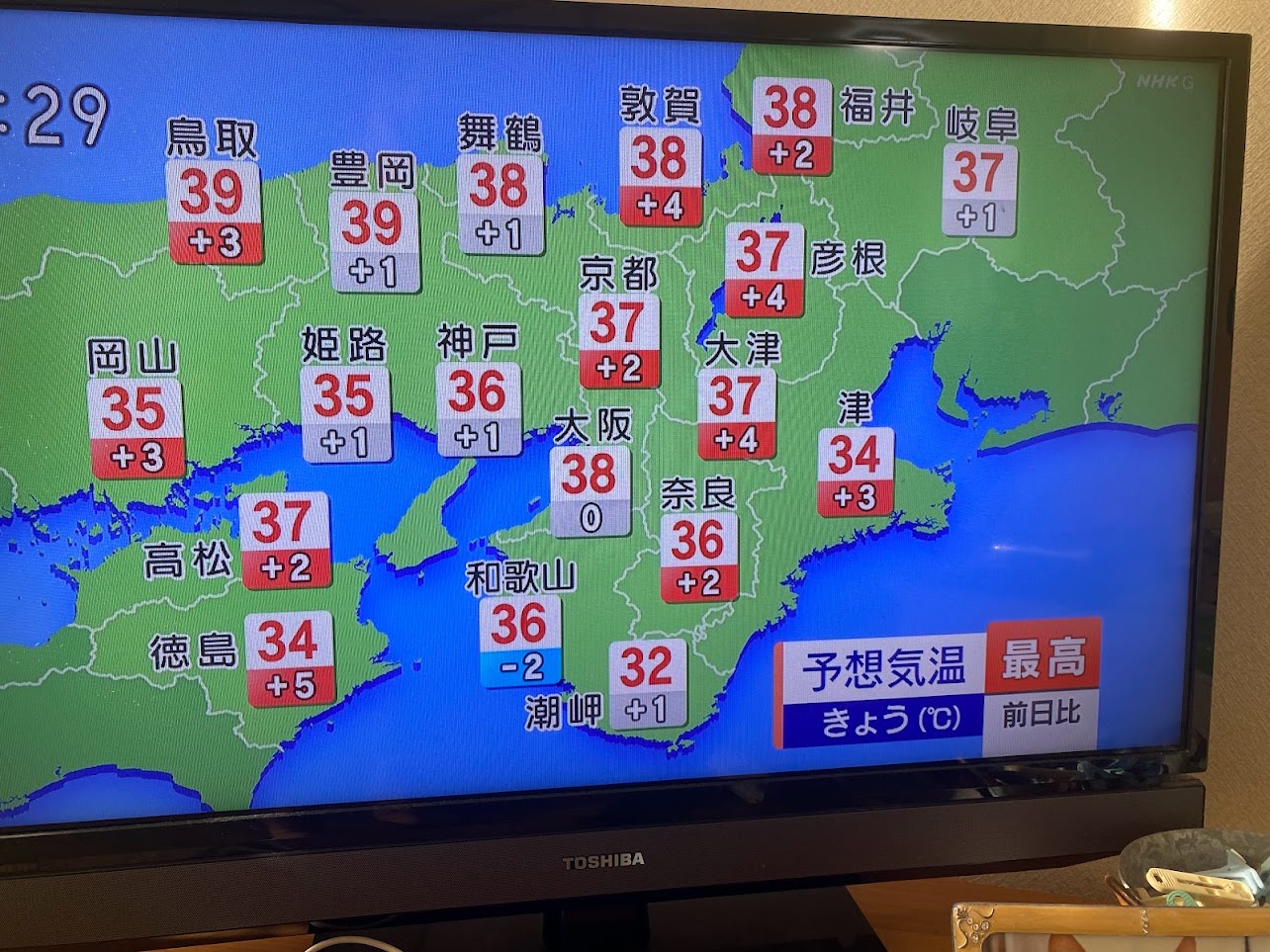 NHKニュースより、近畿8/11の最高気温