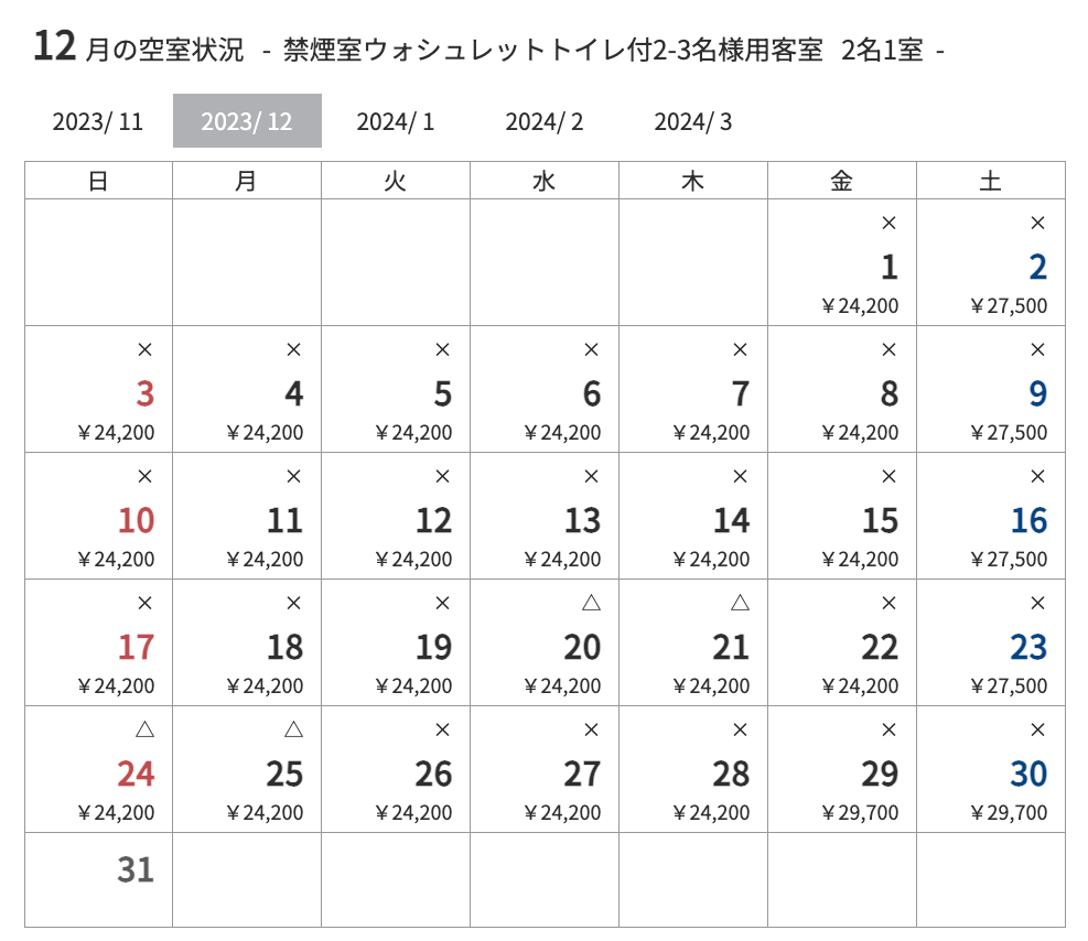 2023年12月（10月下旬での残室状況）