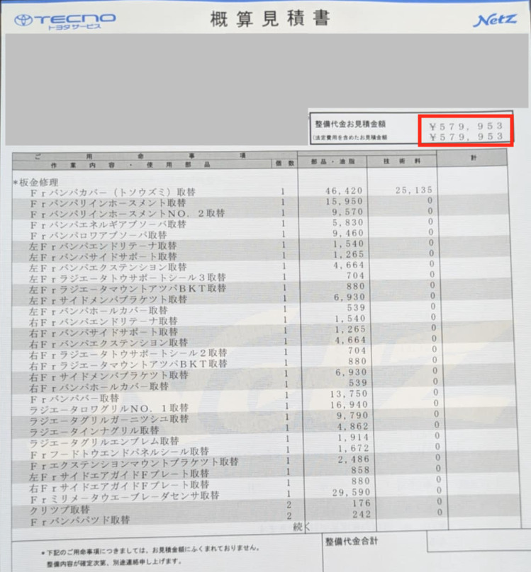 鹿と正面衝突した際の修理代