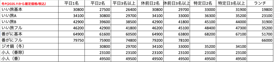 松葉ガニプラン料金表2025.11._2026.3.
