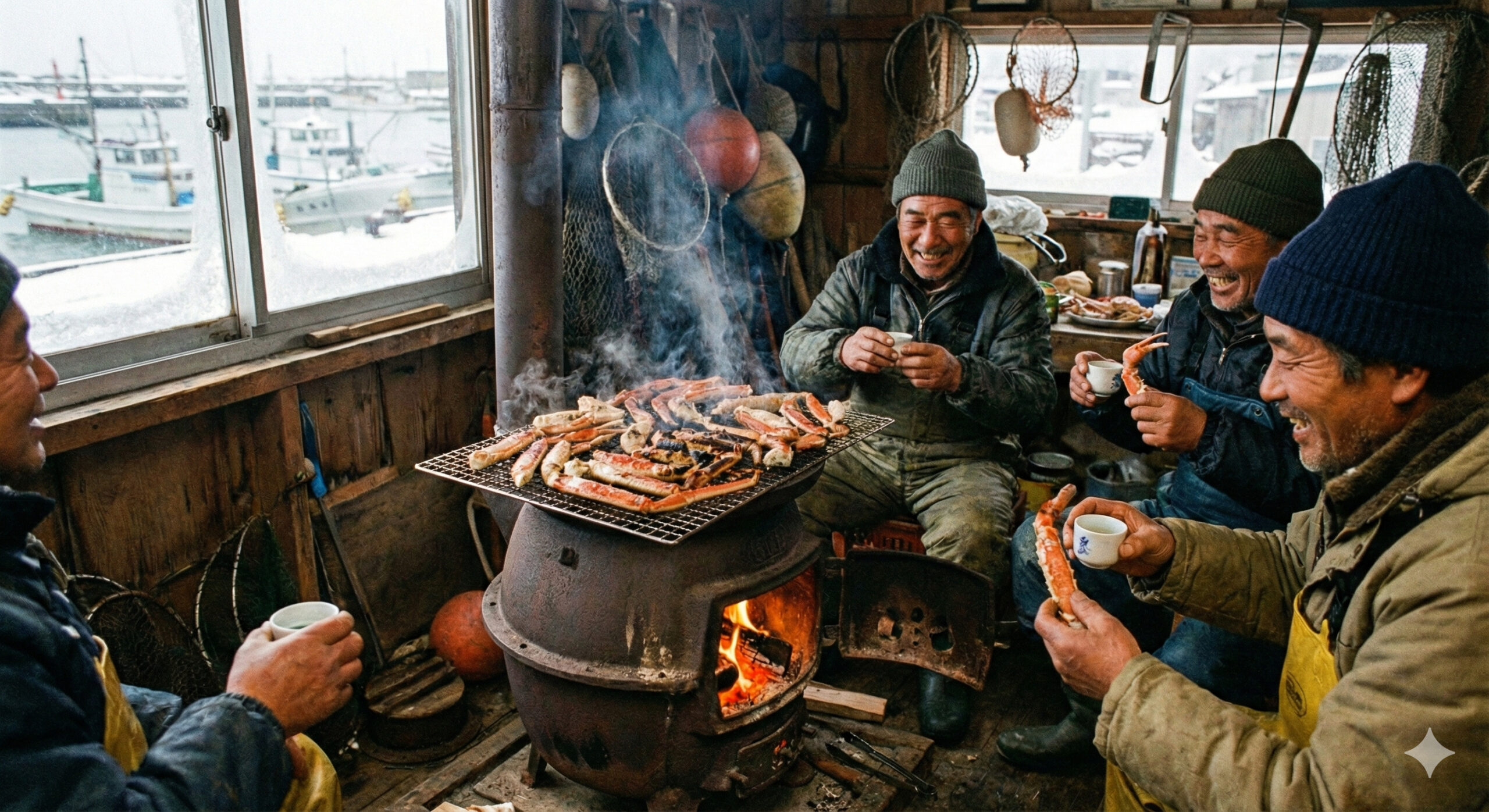 カニをストーブで焼いて食べる漁師さん（生成AIによるイメージ画像）