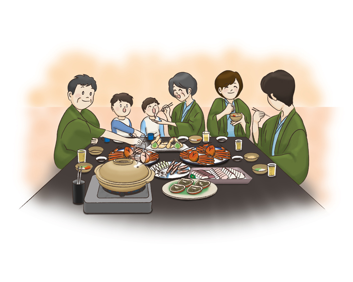 親族一同でカニ鍋を囲む