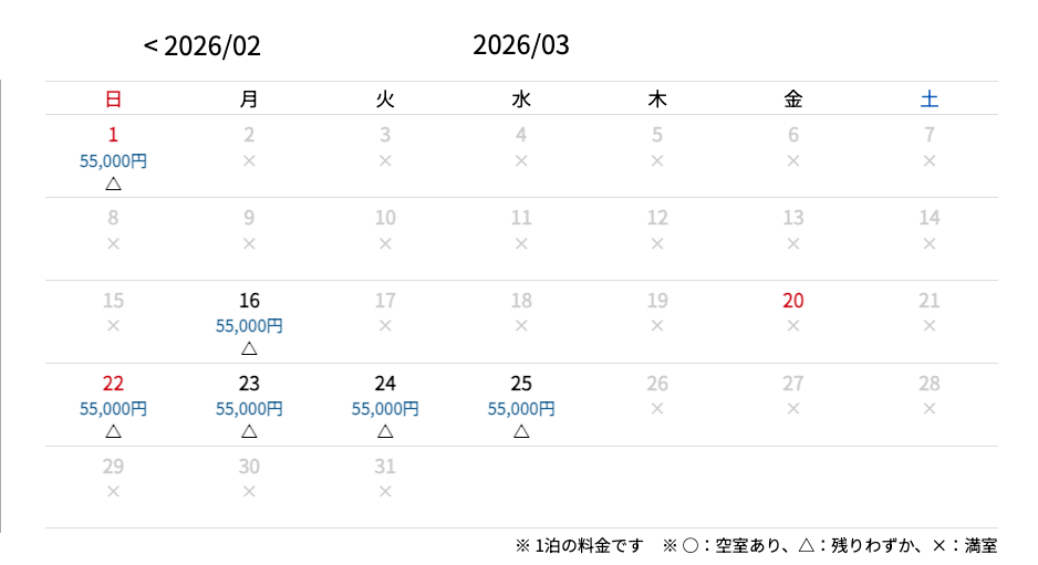 民宿かどや令和８年３月空室日（2/24現在）