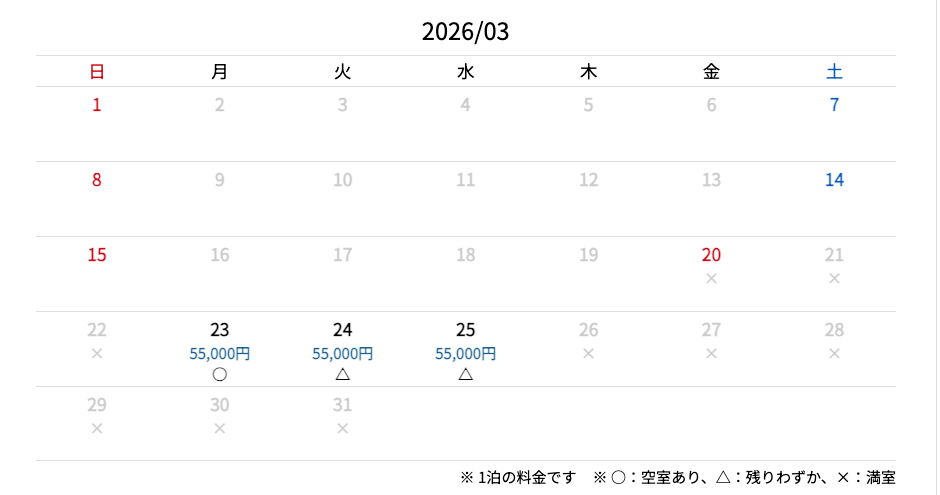 松葉がにプランでの空室状況（R8.3.22.時点）