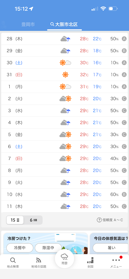 令和8年6月上旬の天気予報（Yahoo!天気予報より）