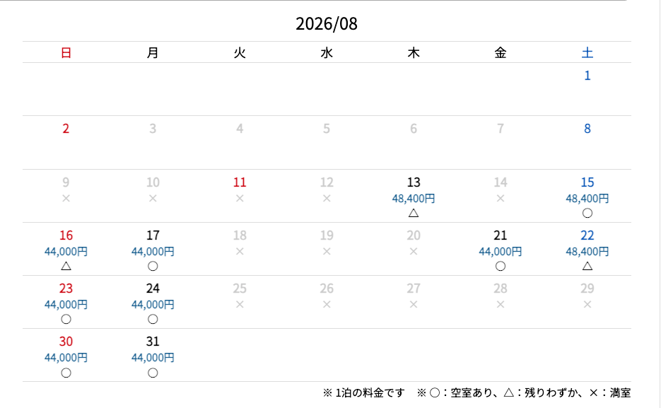 ８月後半の空室情報（8/9現在）
